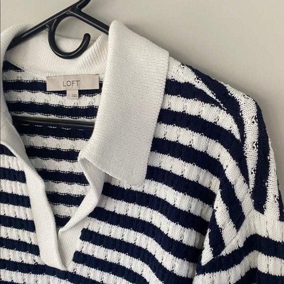 Loft Size Small Mixed Stripe Collared V-Neck Sweater - Picture 7 of 11